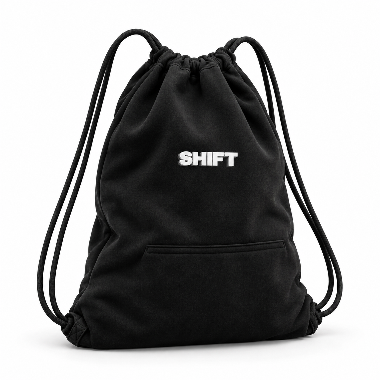 Black SHIFT drawstring backpack with a gathered top and two cord shoulder straps