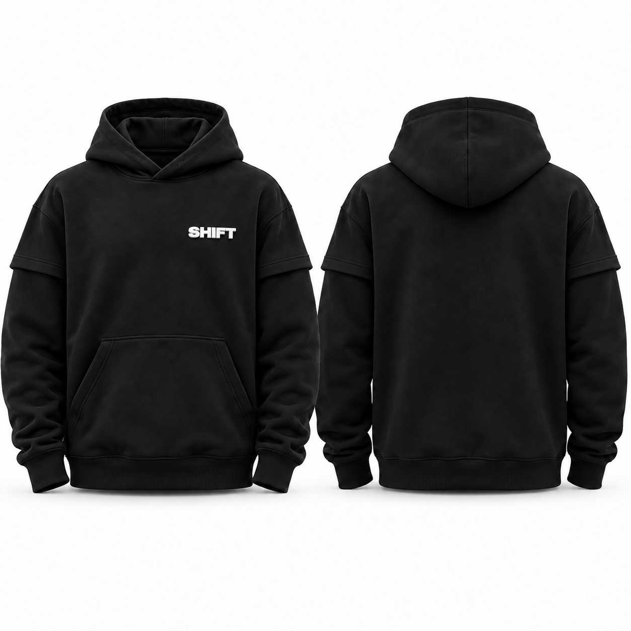 Front and back views of the black SHIFT hoodie with zip-off sleeves
